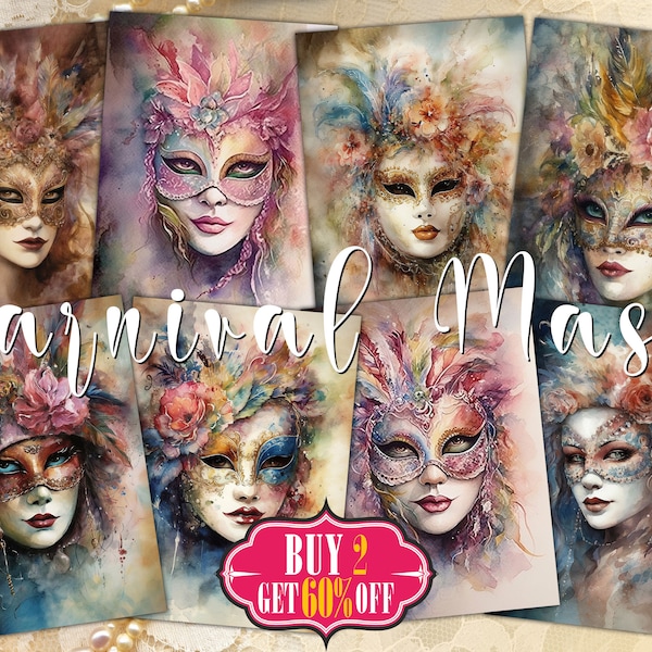 Carnival Mask Digital ATC Cards - 8 Printable Watercolor Shabby Chic Masquerade Venetian Mardi Gras Art, Junk Journal Tags, Decoupage Papers