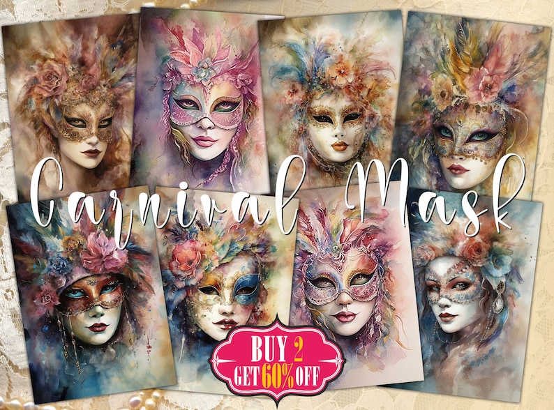 Carnival Mask Digital ATC Cards 8 Printable Watercolor Shabby Chic Masquerade Venetian Mardi Gras Art, Junk Journal Tags, Decoupage Papers image 1