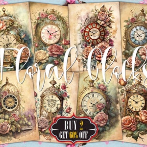 May include: A set of eight digital printable images featuring vintage clocks with floral accents. The clocks are in various styles and have a distressed, antique look. The images are perfect for scrapbooking, card making, and other craft projects.