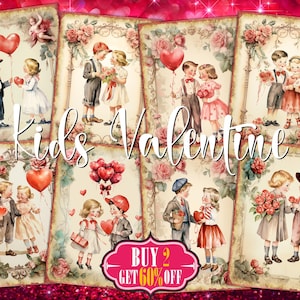 Cartões de amor digitais ATC para namorados infantis - 8 pinturas de casais infantis de arte romântica retrô imprimíveis, kit de etiquetas de diários indesejados, pacote de coisas efêmeras DIY