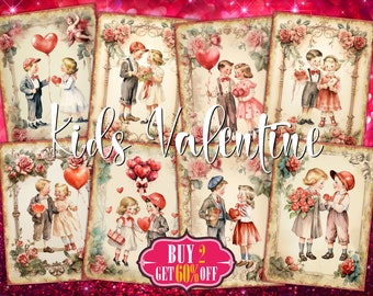 Digitale ATC-liefdeskaarten voor kinderen - 8 afdrukbare retro-romantische kunst Kinderen stel schilderijen, kit met ongewenste tijdschriften, tags kit, DIY Ephemera-pakket