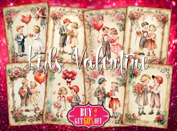 Kids Valentines Digital ATC Love Cards - 8 Printable Retro Romantic Art Children Couple Paintings, Junk Journals Tags Kit, DIY Ephemera Pack