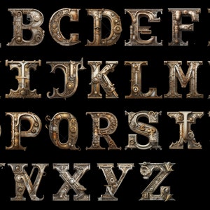 26 Steampunk Alphabet Rusty Metal Letters PNG Archivo digital en capa transparente limpia, arte industrial imprimible efímera fuente de uso comercial imagen 4