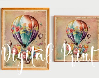 6 Printable Large Retro Poster Floral Balloon Watercolor Digital Collage Sheets Apartment Decor Shabby Chic Wall Art Vintage Painting Print