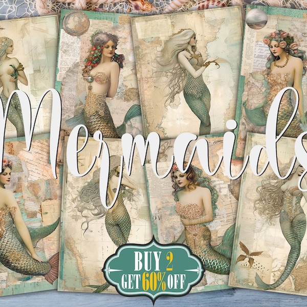 Mermaid Digital ATC Cards - 8 Printable 2.5"x3.5" ACEO Mixed Media Art Collage Sheets Junk Journal Tags, Ready To Print Vintage Ephemera Kit