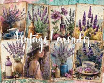 May include: Vintage collage of images featuring lavender flowers, bottles, teacups, and a woman with a straw hat. The images are set against a background of old paper and wood.