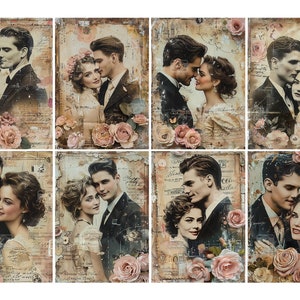 Retro paar portret digitale ATC-liefdeskaarten - 8 afdrukbare romantische mixed mediakunst uit de jaren 1950 Tags Junk Journal Kit, vintage decoupagepapier idee afbeelding 2