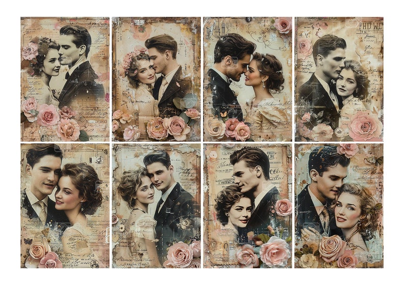 Retro paar portret digitale ATC-liefdeskaarten - 8 afdrukbare romantische mixed mediakunst uit de jaren 1950 Tags Junk Journal Kit, vintage decoupagepapier idee afbeelding 2