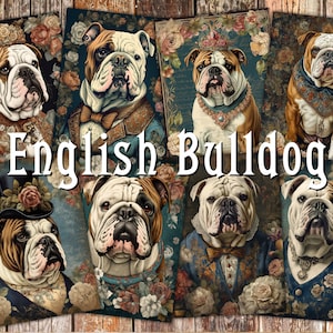 Engelse Bulldog digitale ATC-kaarten - 8 afdrukbare Mixed Media bloemmotief ouderwetse schattige huisdierportretten, decoupagepapieren, dagboektags