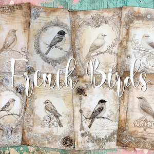 Französische Vogelkunst Digitale ATC Karten - 8 Junk Journal Kit im antiken Label Stil, druckbare Hochzeitstags Idee, Mixed Media Vintage Ephemera Pack
