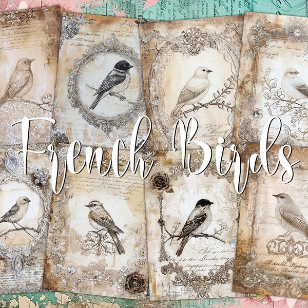 French Bird Art Digital ATC Cards - 8 Antique Label Style Junk Journal Kit, Printable Wedding Tags Idea, Mixed Media Vintage Ephemera Pack