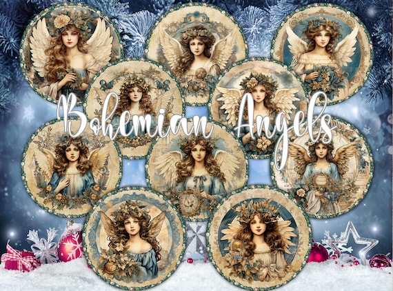 10 Bohemian Cristmas Vintage Angels Circle Images Junk Journal Kit, Digital Printable AI Generated Art Inspired by Stamperia Retro Postcards