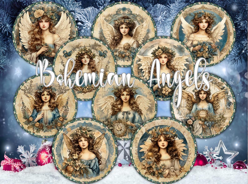 K&ouml;nnte beinhalten: Neun runde, Vintage-Bilder von Engeln mit Fl&uuml;geln, jeweils mit einer Blumenkrone und Blumen in der Hand. Die Bilder sind vor einem blauen und wei&szlig;en Hintergrund mit dem Text "Bohemian Angels" in der Mitte angeordnet.