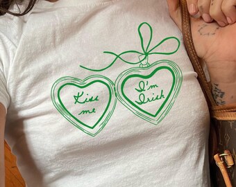 Kiss Me I'm Irish Baby Tee St. Patrick's Day Outfit Green Heart Locket St Pattys Top Irish Pride Tee Luck Of The Irish Y2K Aesthetic Top