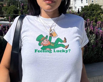 Leprechaun Baby Tee St Patrick's Day Feeling Lucky Baby Tee Luck of the Irish Trendy Retro Baby Tee St Paddy's Day Y2K Baby Tee