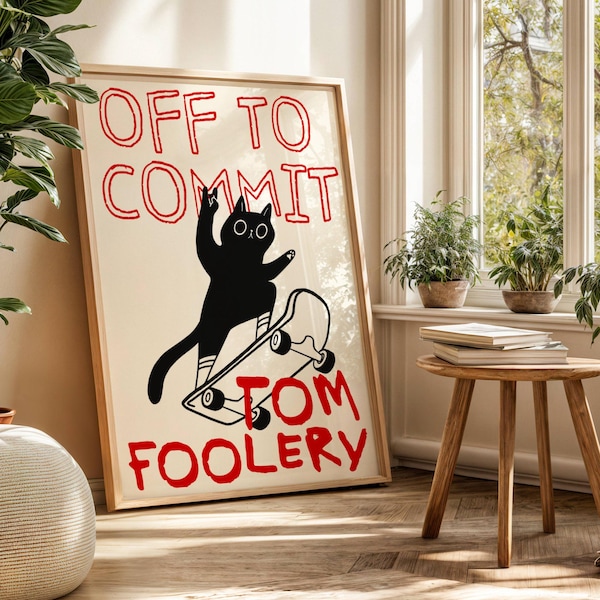 Impresión artística digital "A cometer tonterías", póster divertido de gato negro en patineta, póster para amantes de los gatos, arte tonto de gato, arte en negro y rojo