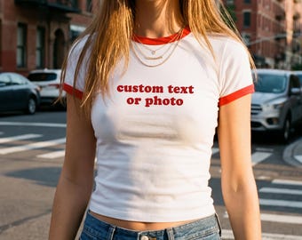 Custom Text Or Photo Cropped RInger Tee Y2K Style Personalized Text Shirt 90s Fashion Top