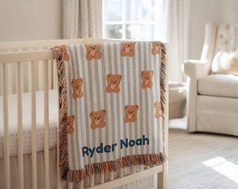 Teddy Bear Baby Blanket Personalized Baby Name Woven Throw Nursery Decor Bear Baby Blanket Baby Boy Custom Name Blanket Baby Shower Gift