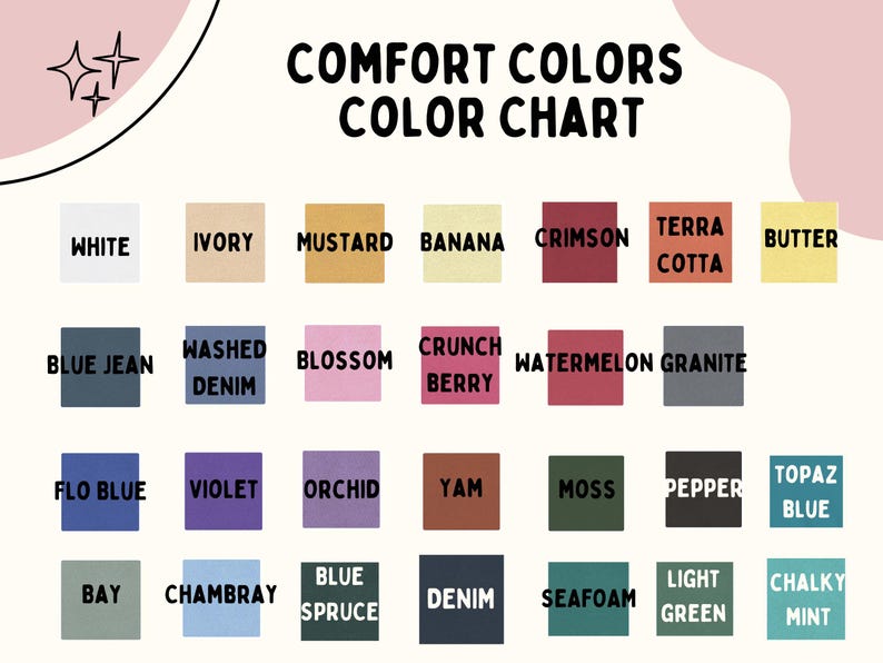 K&ouml;nnte beinhalten: Eine Farbkarte mit dem Titel "Comfort Colors Color Chart" zeigt eine Vielzahl von Farbfeldern mit Namen wie "White", "Ivory", "Mustard", "Banana", "Crimson", "Terra Cotta" und "Butter". Weitere Farben sind "Blue Jean", "Washed Denim" und "Blossom".