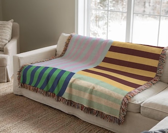 Modern Geometric Striped Woven Blanket Colorful Colorblock Throw Blanket Housewarming Gift Maximalist Dopamine Home Decor Striped Tapestry