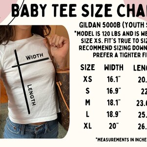 May include: A size chart for Gildan 5000B youth shirts. The chart shows the width and length measurements in inches for sizes XS, S, M, L, and XL. The model is wearing a size XS and is 120 lbs. The chart recommends sizing down if you prefer a tighter fit.
