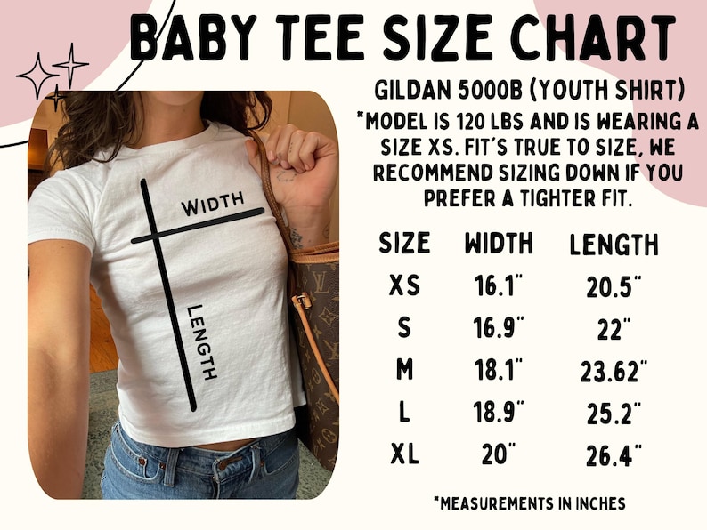 May include: A size chart for Gildan 5000B youth shirts. The chart shows the width and length measurements in inches for sizes XS, S, M, L, and XL. The model is wearing a size XS and is 120 lbs. The chart recommends sizing down if you prefer a tighter fit.