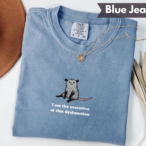May include: Blue jean colored t-shirt with a graphic of an opossum and the text "I am the executive of this dysfunction." The shirt has a crew neck and short sleeves. A gold necklace is draped across the shirt.
