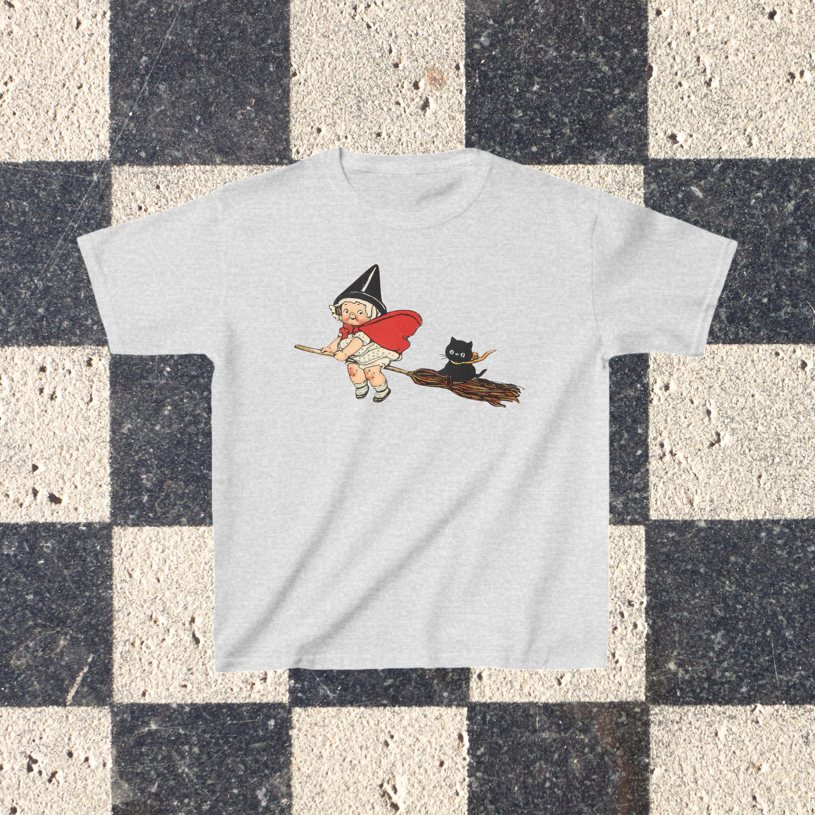 Cute Vintage Witch and Black Cat Baby Tee Retro Halloween Womens Top ...