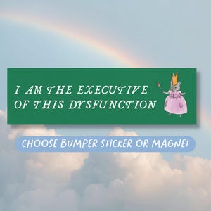 Può includere: Un adesivo o magnete rettangolare verde con il testo bianco I AM THE EXECUTIVE OF THIS DYSFUNCTION e un'illustrazione di un topo che indossa un vestito rosa e una corona dorata mentre tiene in mano un piccolo scettro marrone.