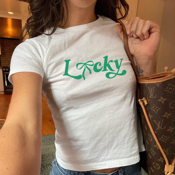 Lucky St Patricks Day Baby Tee Coquette Green Bow Womens St Paddys Crop Top Coquette St Patricks Day Irish Shirt