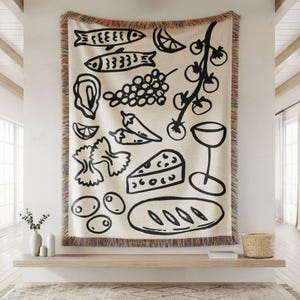 Italian Summer Woven Blanket Tomato Blanket Italian Mercato Picnic Blanket Sardine Wall Hanging Foodie Gift Coastal Home Decor Olive Blanket