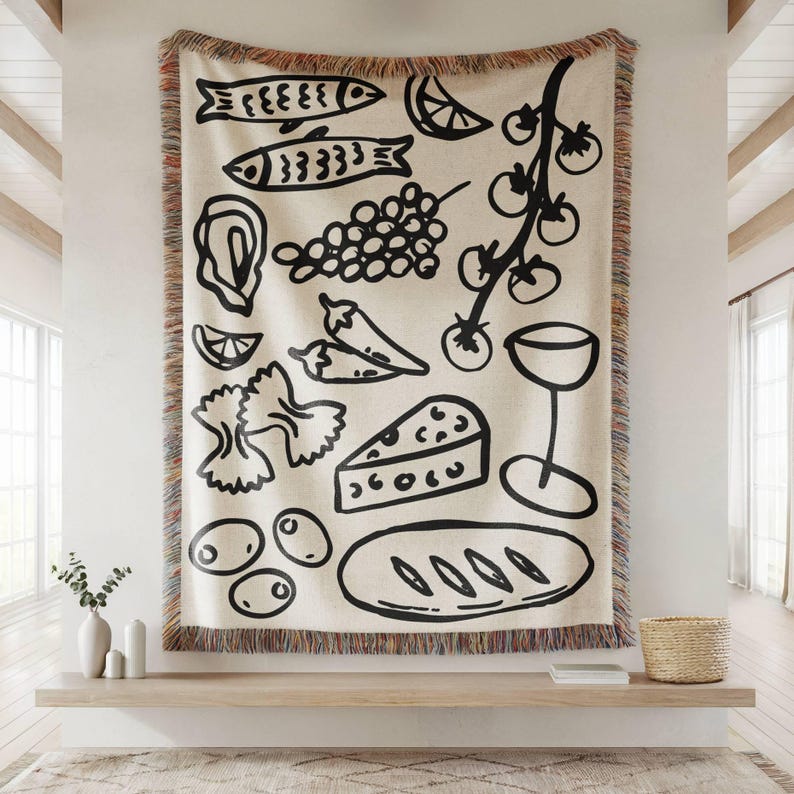 Italian Summer Woven Blanket Tomato Blanket Italian Mercato Picnic Blanket Sardine Wall Hanging Foodie Gift Coastal Home Decor Olive Blanket bild 1