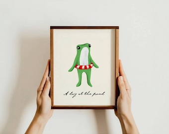 Cute Frog Digital Print Summer Frog Poster Day At The Pond Wall Art Dorm Room Decor Nursery Wall Art Maximalist Decor