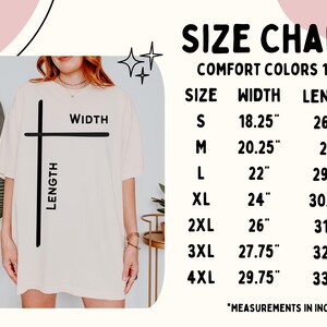 Puede incluir: Tabla de tallas para camisetas Comfort Colors 1717. La tabla muestra medidas en pulgadas, con tallas de la S a la 4XL. Los anchos var&iacute;an de 46,36 cm a 75,57 cm, y los largos de 67,56 cm a 85,09 cm.