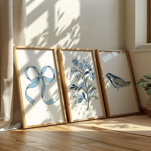 Blue Chinoiserie Art Print Coquette Bow Digital Art Grandmillennial Set of 3 Vintage Aesthetic Poster for Living Room Chinoiserie Home Decor