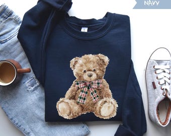 Teddy Bear Sweatshirt Trendy Preppy Winter Crewneck Watercolor Bear Aesthetic Christmas Sweatshirt Cute Bear Shirt Cozy Old Money Sweatshirt