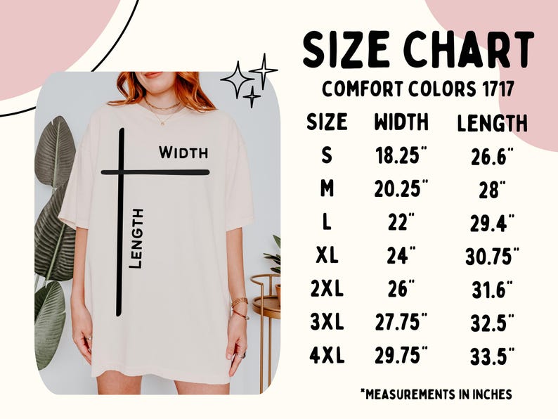 K&ouml;nnte beinhalten: Gr&ouml;&szlig;entabelle f&uuml;r Comfort Colors 1717 T-Shirts. Die Tabelle zeigt die Ma&szlig;e in Zoll f&uuml;r die Gr&ouml;&szlig;en S bis 4XL. Die Breitenmessungen reichen von 46,36 cm bis 75,57 cm, und die L&auml;ngenmessungen reichen von 67,56 cm bis 85,09 cm.