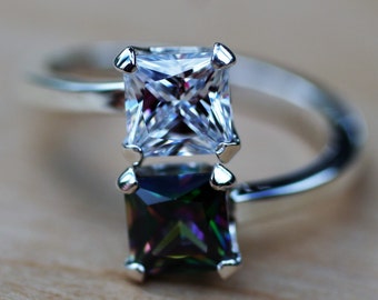 Double PRINCESS CUT GEMSTONE Ring * Easily Adjustable * Many Gemstones * Argentium Silver * Sister's * Lover's * Mother's * Toi et Moi Style