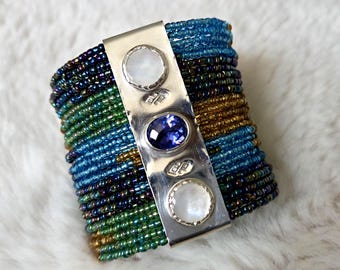 Artisan Beaded Cuff Bracelet: Sterling Silver, Tanzanite, Mother of Pearl – Medium Wrist