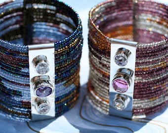 COLORFUL SUMMERTIME BRACELETS * Wide Beaded Bracelets Embellished with Sterling Silver Bezel Set Faceted Gemstones * Easy Wearing * Artisan