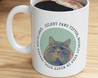 Moonlit Mystical Cat Portrait Mug Ceramic Poetry Mug