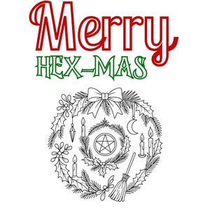 May include: A black and white line art coloring book cover with the text "Merry HEX-MAS" in red and green. A wreath design includes candles, a pentagram, and a crescent moon. The text "A Witchy Christmas Coloring Book" is also included.