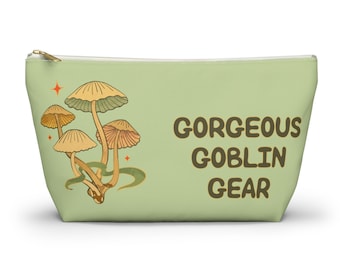 Goblin Core Makeup Bag Zipper Pouch: Moss Green Forest colors with Mushroom & Snail