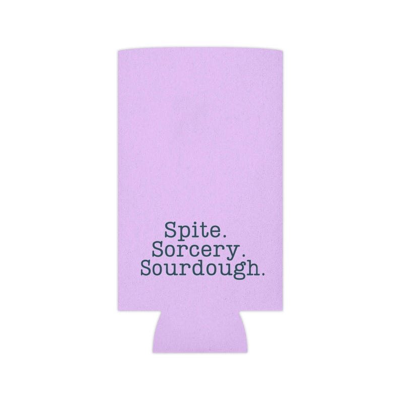 Can cooler featuring a dark serif font design that reads “Spite. Sorcery. Sourdough.” printed on a purple background.