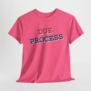 May include: A pink t-shirt with the text "DUE PROCESS" in blue and red letters.