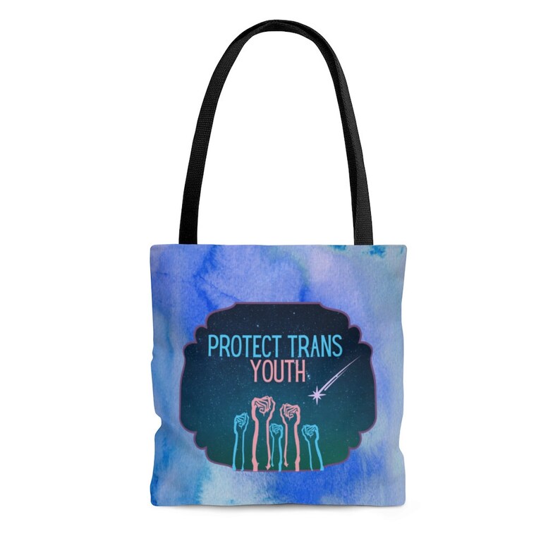 Blue sky background with protect trans youth graphic
