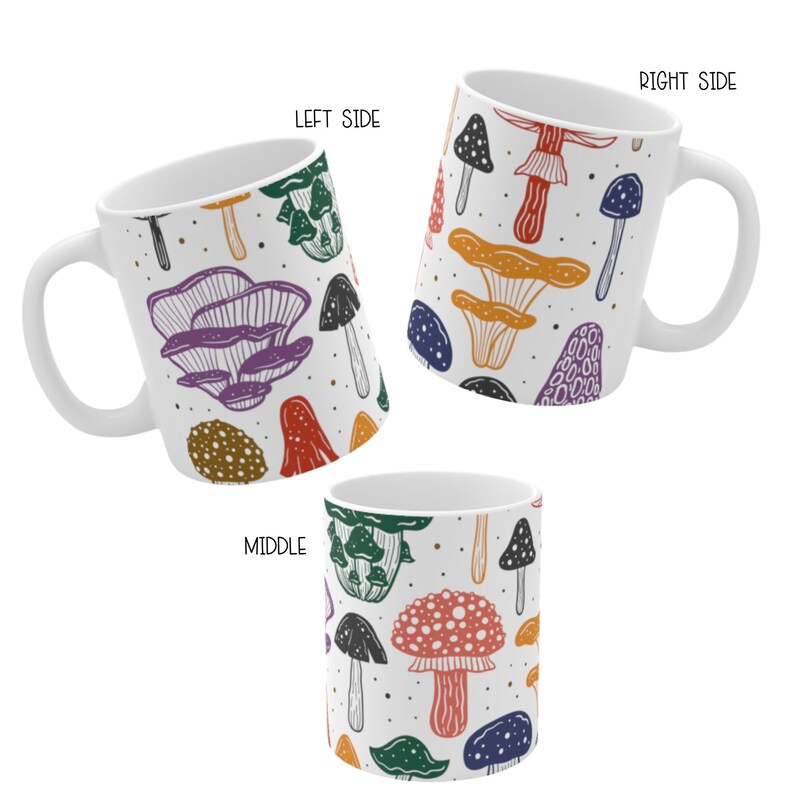 White ceramic mug featuring colorful illustrations of various mushrooms, perfect for mushroom enthusiasts and those who love nature-inspired designs.