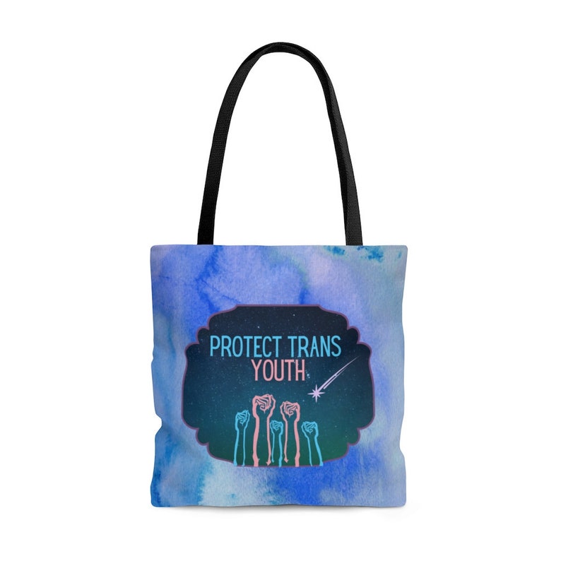 Blue sky background with protect trans youth graphic