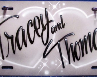 Custom Airbrushed License Plate Personalized Gift Two Names Double Hearts Love Car Accessory