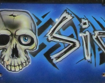 Custom Airbrushed License Plate with Skull and Tribal Design Personalized Car Tag Tribal Art